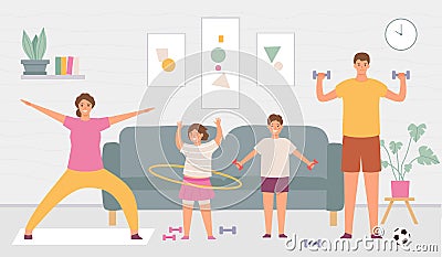 Sport family at home. Parents and kids do exercise in house interior. Indoor healthy lifestyle for active adults and Vector Illustration