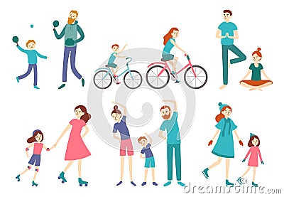 Sport family people. Couple with kids on fitness workout, cycling and play tennis. Sports lifestyle activities vector Vector Illustration