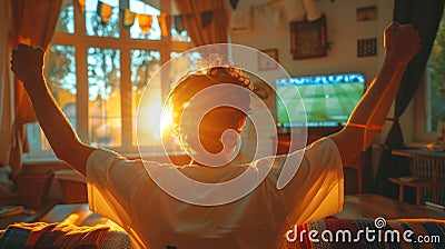 Sport fans Celebrating Goal in Home Soccer Match Viewing. Generative AI Stock Photo