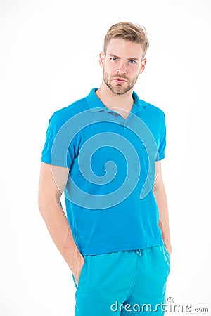 Sport fashion style and trend. Man in tshirt and shorts isolated on white background. Bearded man in blue casual clothes Stock Photo
