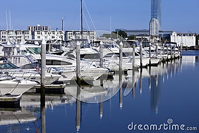 Sport Fishing Boats and Yacht in a Marina Stock Photo