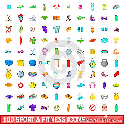 100 sport and fitness icons set, cartoon style Vector Illustration
