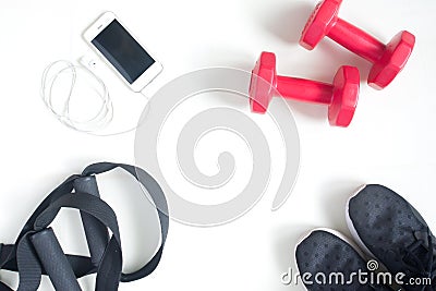 Sport fitness items with smartphone on white background, flat la Stock Photo