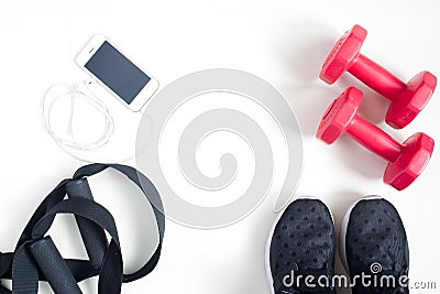 Sport fitness items with smartphone on white background, flat la Stock Photo