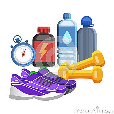 Sport flat icons, jogging and fitness kit elements. Vector Illustration