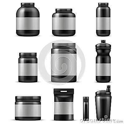 Sport food containers. Protein powder container and plastic drink bottle set isolated on white Vector Illustration