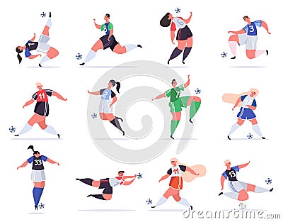 Sport football people. Soccer male and female characters, football people kicking ball, professional sportsmen vector Vector Illustration