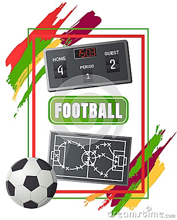 Sport football vector banner, soccer symbols set. Scoreboard, ball and stadium, team championship Vector Illustration