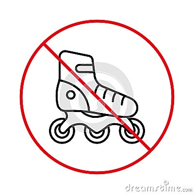 Sport Footwear Red Stop Circle Symbol. Ban Rollerskate Black Line Icon. No Allowed Skating Sign. Prohibited Roll Zone Vector Illustration