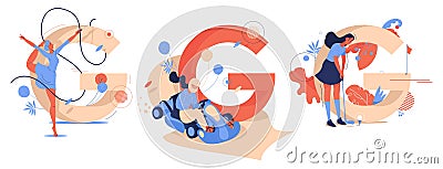 Sport G letters with women training gymnastics, go-carting and golf. Concept illustrations with capital characters smiling and Vector Illustration