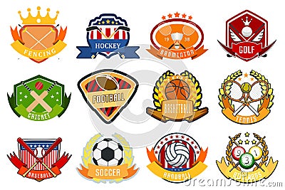 Sport game team logo play tournament label champion emblem league competition symbol vector illustration. Vector Illustration