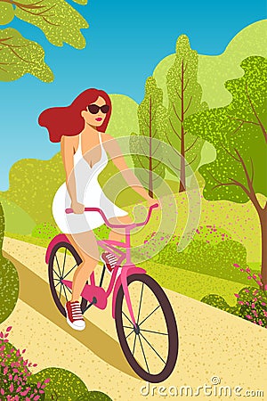 Woman cycling, fitness sport exercises. Person riding bicycle in forest park, enjoy healthy lifestyle. Girl ride by bicycle in par Vector Illustration