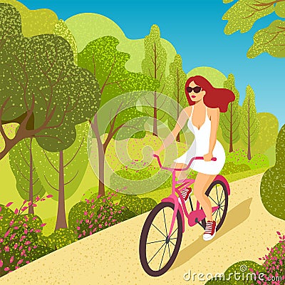 Woman cycling, fitness sport exercises. Person riding bicycle in forest park, enjoy healthy lifestyle. Girl ride by bicycle in par Vector Illustration