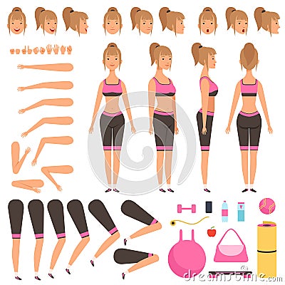 Sport girl animation. Fitness female characters body parts arms hands foot athlete workout vector constructor Vector Illustration