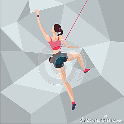 Sport girl on a climbing wall. Cartoon character illustration. Back view. Vector Illustration