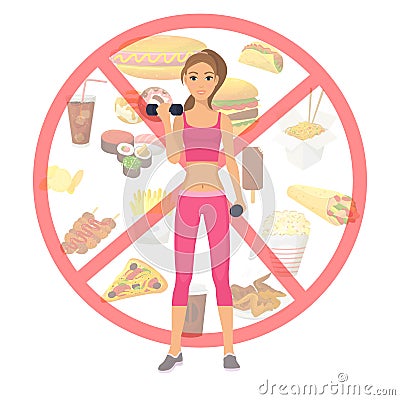 Sport girl and fast food unhealthy lifestyle restriction vector illustration. Healthy girls fit body standing on Vector Illustration