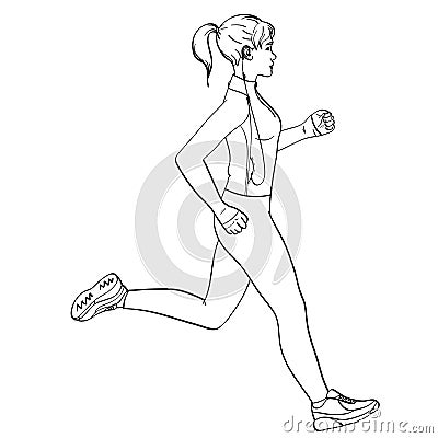 Sport girl jogging object on white background retro. Coloring for children. In sports clothes with headphones and a Vector Illustration