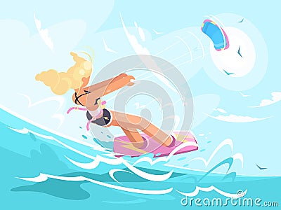 Sport girl on kite surfing Cartoon Illustration