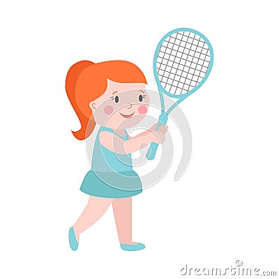 Sport girl tennis player with racket athletic health leisure and good looking kid prepared for active game, action Vector Illustration