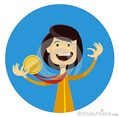 Sport girl winner holding gold medal in the hand Vector Illustration