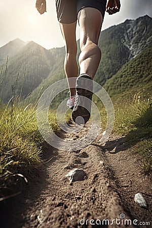 Sport Hiker hiking and trekking on a mountain dirt. Stock Photo