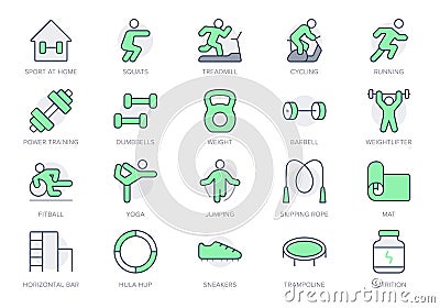 Sport at home simple line icons. Vector illustration with icon - weight workout, jogging, yoga, squats, cardio, fitball Vector Illustration