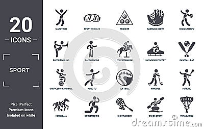 sport icon set. include creative elements as marathon, discus throw, snowmobile sport, softball, bodybuilding, unicycling handball Vector Illustration