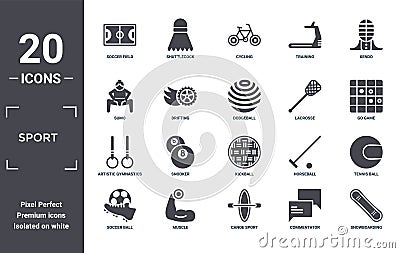 sport icon set. include creative elements as soccer field, kendo, lacrosse, kickball, muscle, artistic gymnastics filled icons can Vector Illustration