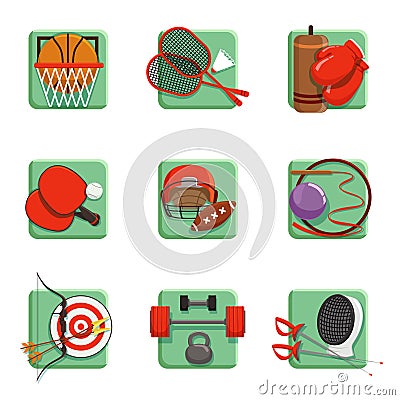 Sport icons set, boxing, badminton, gymnastics, fencing, baseball, archery vector illustrations Vector Illustration
