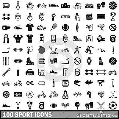 100 sport icons set in simple style Vector Illustration