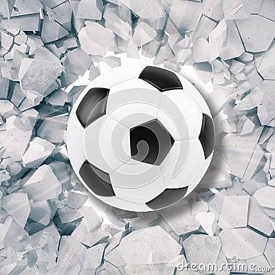 Sport illustration with soccer ball coming in cracked wall. Cracked concrete earth abstract background. 3d rendering Cartoon Illustration