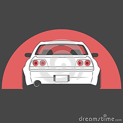 Sport japan car on red sun background. Car sketch. Back view. Vector Illustration