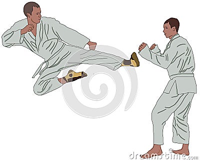 Sport karate attack tatami bold contention guy stripling male struggle force tussle kimono business blow boy businessman white Stock Photo