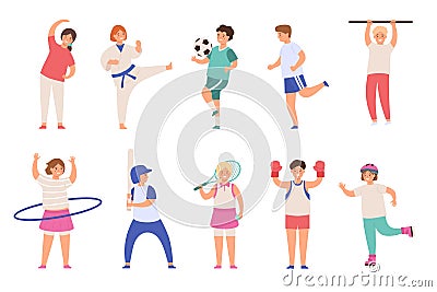 Sport kids. Children play football and tennis, doing exercise and karate, run and boxing. Boys and girls physical Vector Illustration