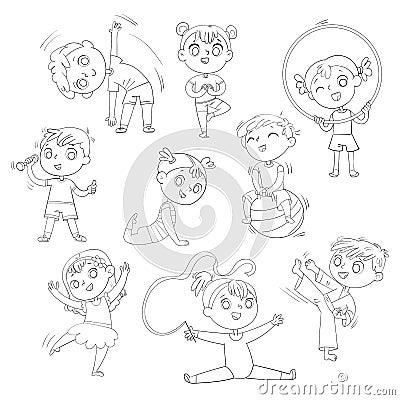 Sport for kids. Physical Training, Fitness, Karate, Yoga, Aerobics, Gymnastics, Dancing. Coloring book Vector Illustration