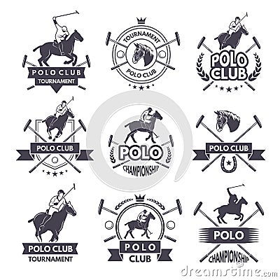 Sport labels for polo games. Monochrome silhouette of jockey and horse Vector Illustration