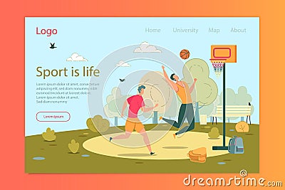 Sport is Life, Boys Playing Basketball Banner. Vector Illustration