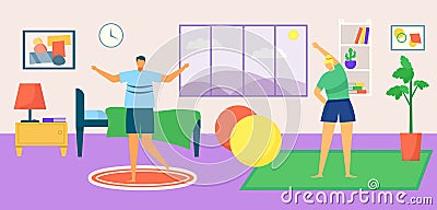 Sport lifestyle, family workout at flat morning concept vector illustration. Couple character training at home, make Vector Illustration