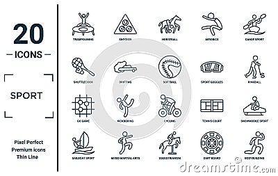 sport linear icon set. includes thin line trampolining, shuttlecock, go game, sailboat sport, bodybuilding, softball, snowmobile Vector Illustration