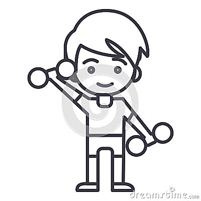 Sport man,boy with weights,kid workout vector line icon, sign, illustration on background, editable strokes Vector Illustration