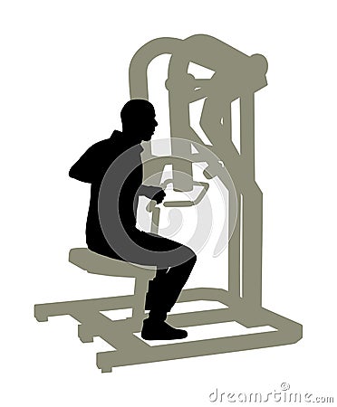 Sport man exercises in gym on fitness machine silhouette isolated on white background. Multi functional gym equipment. Stock Photo