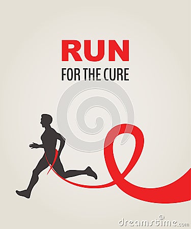 Sport Man Running Red Ribbon, AIDS Awareness. Vector Illustration