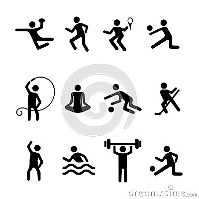 Sport man vector flat icons set, fitness logo. Black badges football, basketball, volleyball, tennis, rhythmic gymnastics, yoga, h Vector Illustration