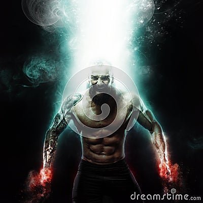 Sport and motivation wallpaper on dark background. Power athletic guy bodybuilder. Fire and energy Stock Photo