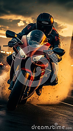 Sport motorcycles race on track, extreme athletes in high speed pursuit of victory Stock Photo