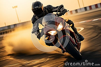 Sport motorcycles racing on a track, rider speeding at sunset Stock Photo