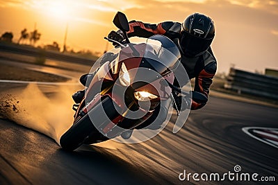 Sport motorcycles racing on a track, rider speeding at sunset Stock Photo