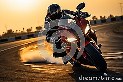 Sport motorcycles racing on a track, rider speeding at sunset Stock Photo