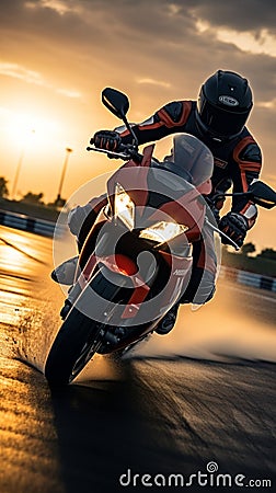 Sport motorcycles racing on a track, rider speeding at sunset Stock Photo