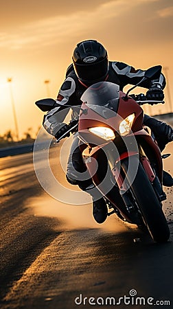 Sport motorcycles racing on a track, rider speeding at sunset Stock Photo